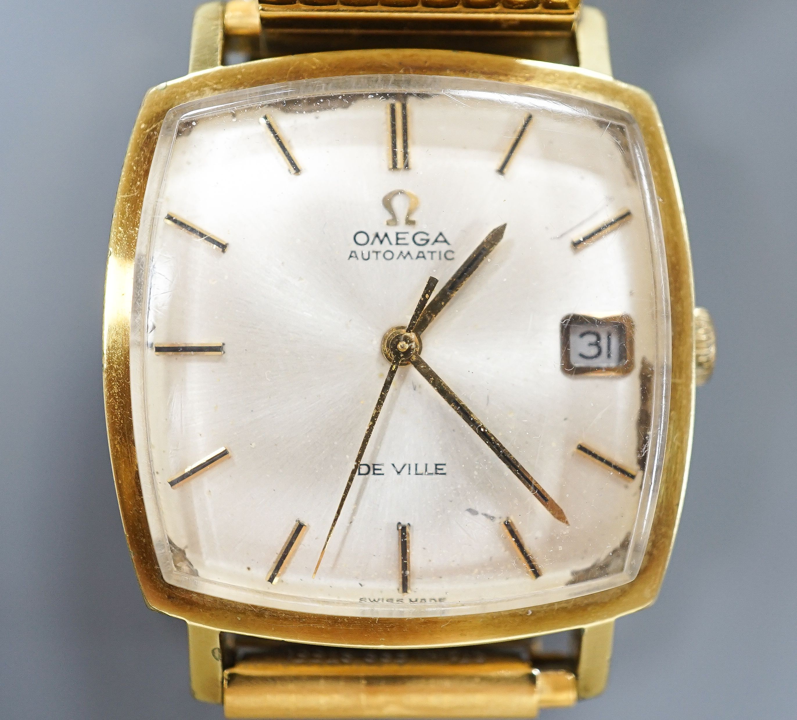 A gentleman's steel and gold plated Omega De Ville automatic wrist watch, on associated flexible strap, case diameter 32mm, no box or papers.